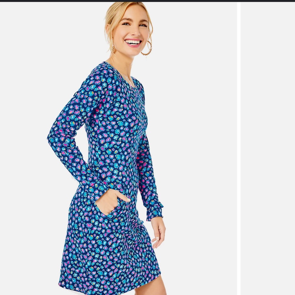 Lilly Pulitzer XL Beach Comber Long Sleeve Dress Seabreeze Blue Low Tide Navy